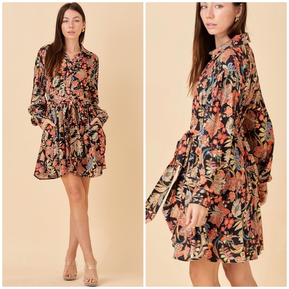 FEW LEFT❗️POLAGRAM Black Floral Long Sleeves Short Dress - Picture 8 of 8